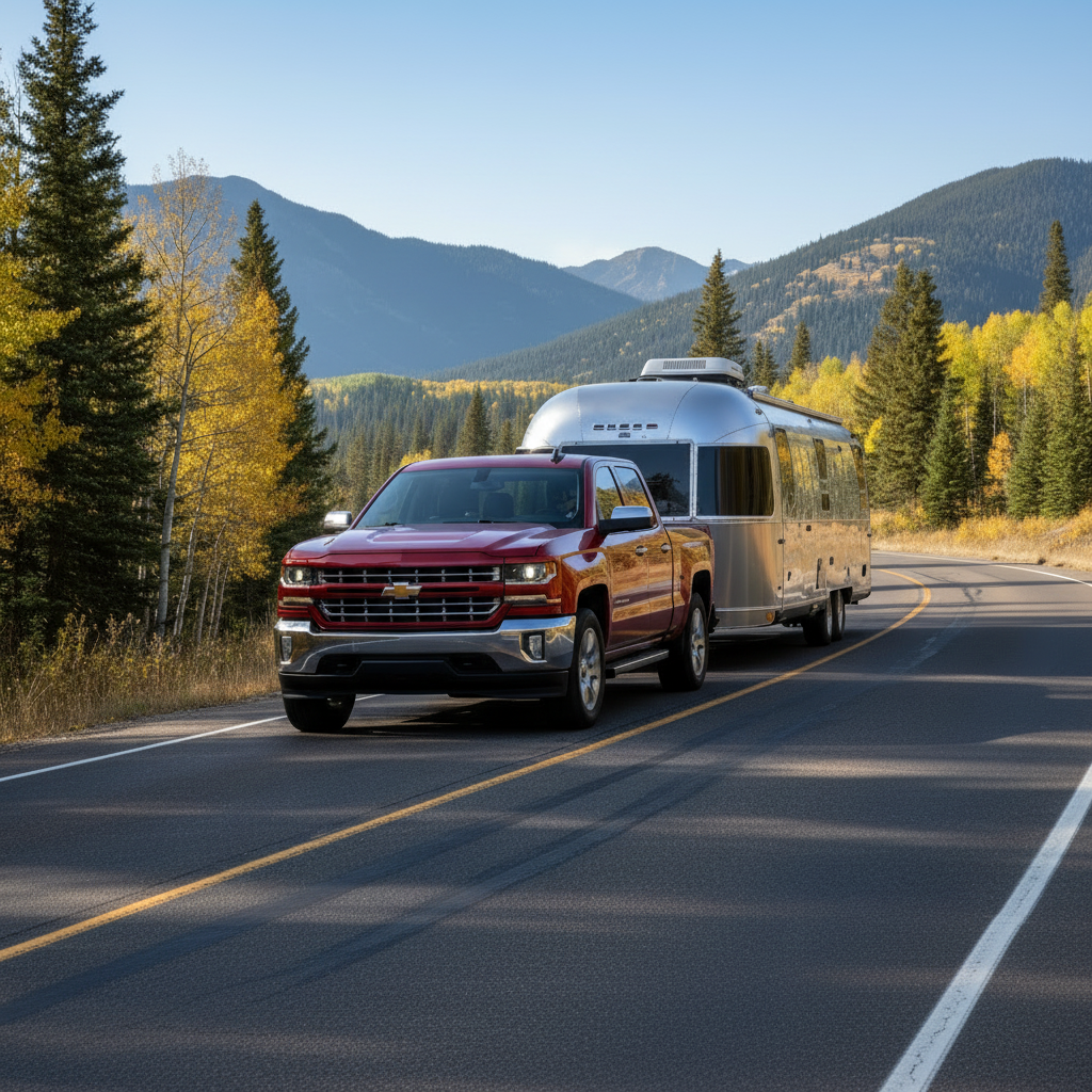Chevy 1500 Towing an airstream camper on a windy road