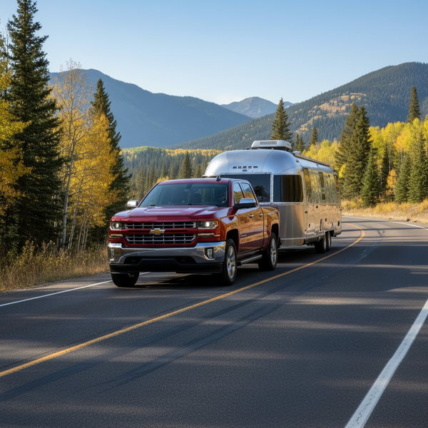 Chevy 1500 Towing an airstream camper on a windy road