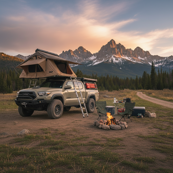 Toyota Tacoma in an overland setup, camping in the mountains, scenic setup